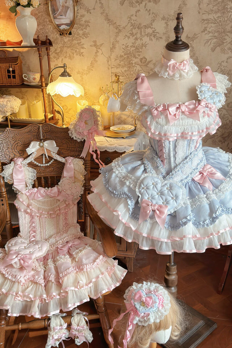 Blue Triple-Layered Ruffled Bow Lace-Up Slim Ballet Sweet Lolita Dress