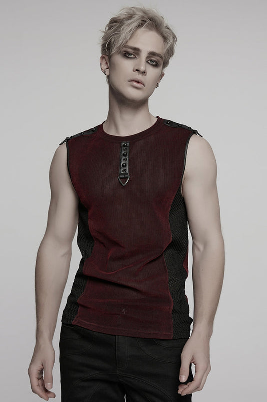 Black/Red Round Collar Sheer Mesh Color Matching Rivet Men's Punk Vest