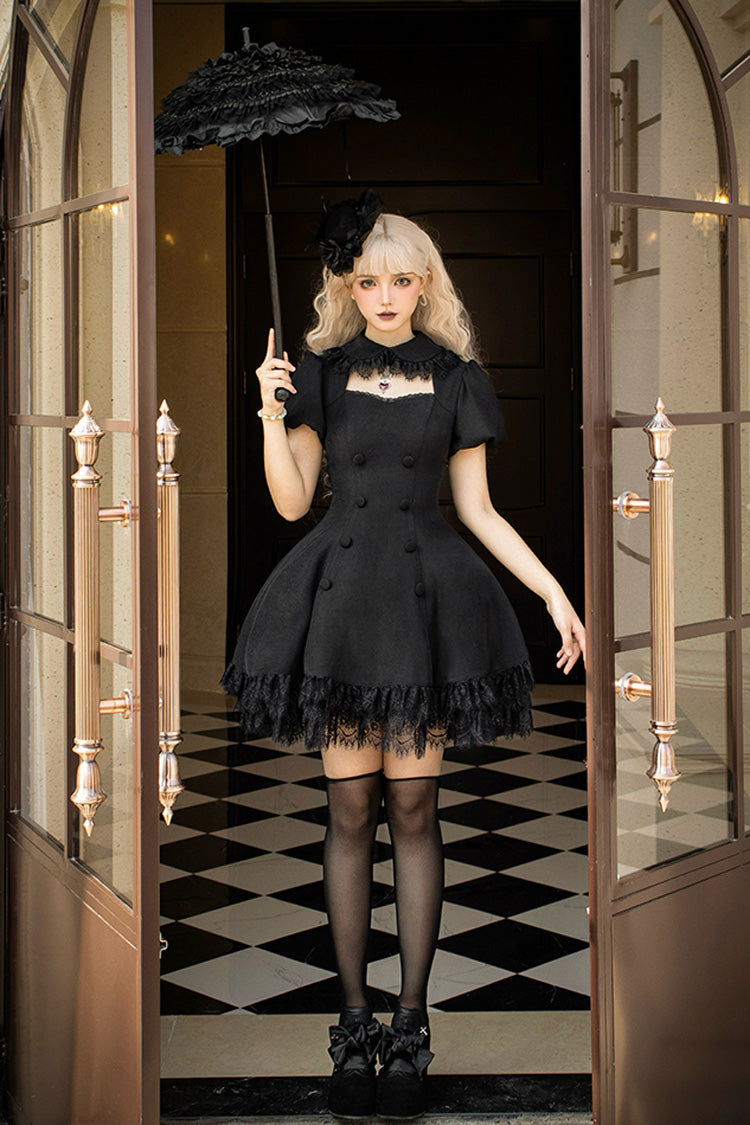 Black [Midnight Whisper] Double-breasted Short Sleeves Hollow Gothic Lolita Dress