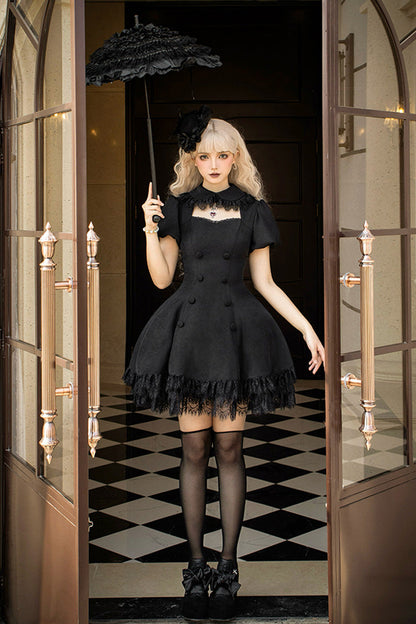 Black [Midnight Whisper] Double-breasted Short Sleeves Hollow Gothic Lolita Dress