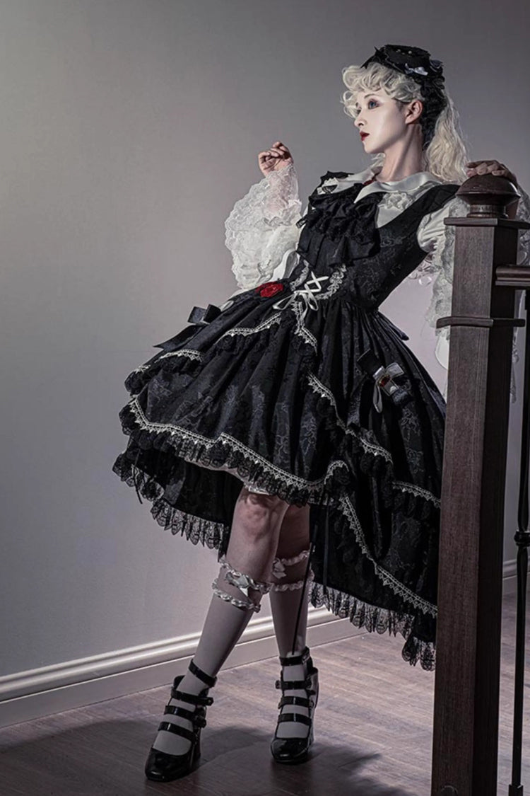 Black [Night Rose] Ruffle Bowknot Lace-Up Short Front and Long Back Gothic Gorgeous Lolita Jsk Dress