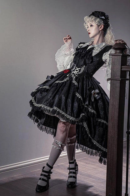 Black [Night Rose] Ruffle Bowknot Lace-Up Short Front and Long Back Gothic Gorgeous Lolita Jsk Dress