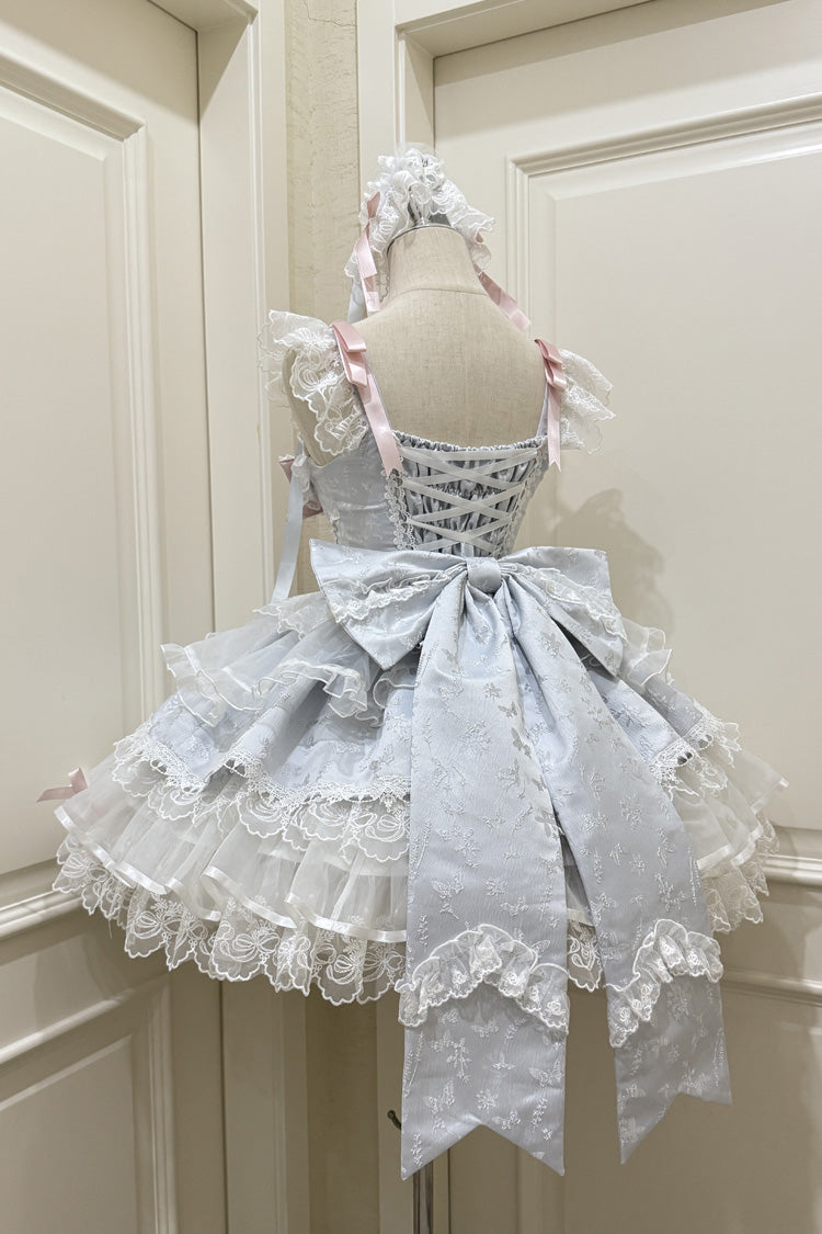 Blue [Fleishi Island] Sleeveless Ruffle Bowknot Lace Slim Sweet Ballet Lolita Jsk Dress