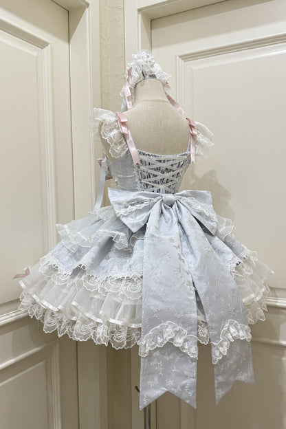 Blue [Fleishi Island] Sleeveless Ruffle Bowknot Lace Slim Sweet Ballet Lolita Jsk Dress