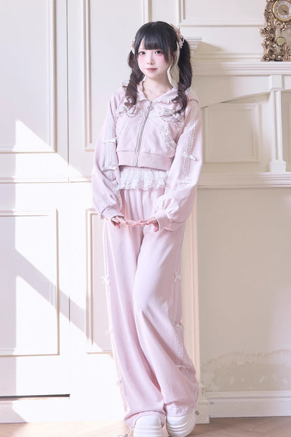 Sweet Long Sleeves Bowknot Lace Hooded Jirai Kei Hoodie Pants Set 3 Colors