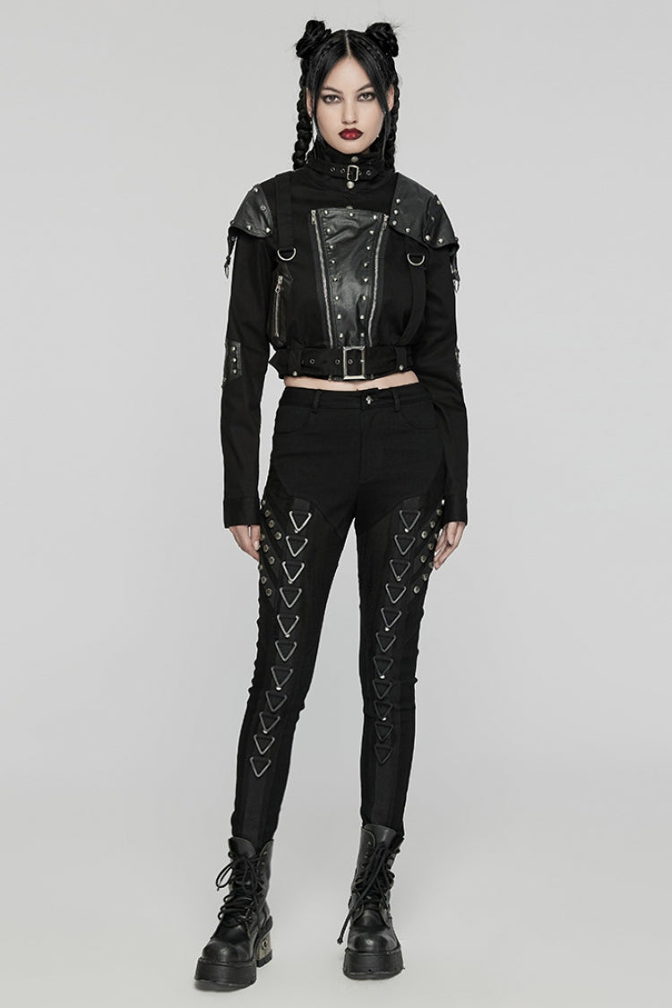 Black Triangular Stitching Mesh Buckle Women's Punk Pants