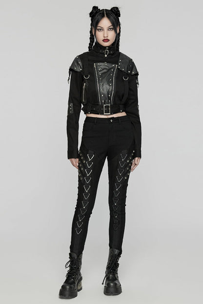 Black Triangular Stitching Mesh Buckle Women's Punk Pants