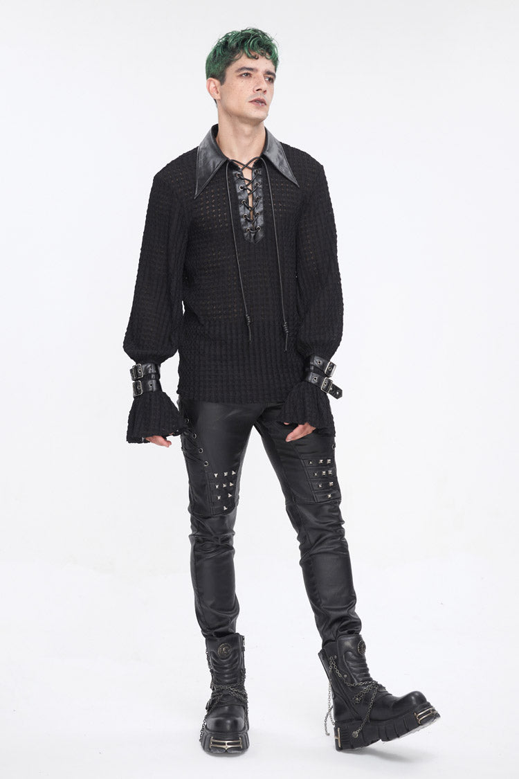 Black Studded Lace Up Leather Men's Punk Pants