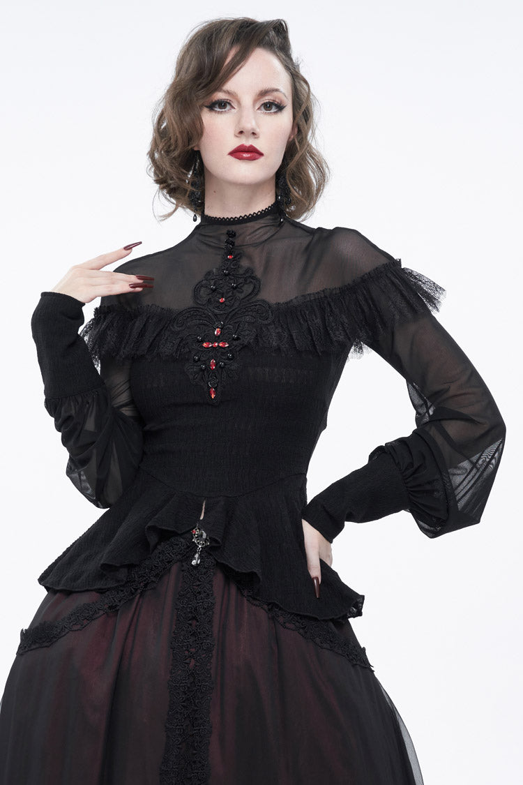Black Retro Perspective Sexy Turtleneck Lace Panel Mesh Lantern Sleeve Women's Gothic T-Shirt