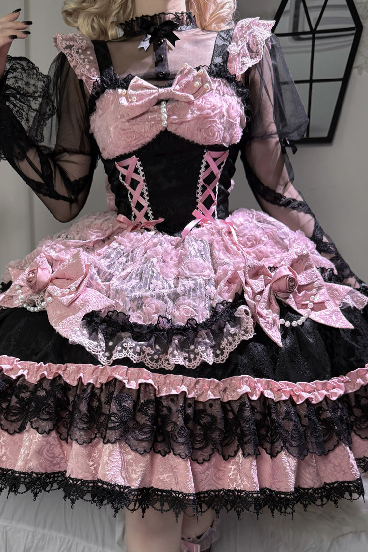 Black/Pink [Rose Princess] Sleeveless Ruffle Bowknot Lace Lace-Up Sweet Ballet Lolita Jsk Dress