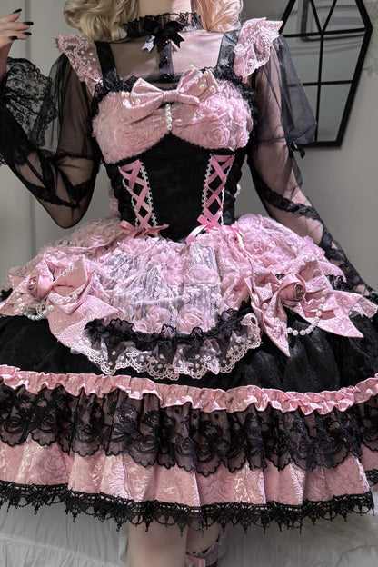 Black/Pink [Rose Princess] Sleeveless Ruffle Bowknot Lace Lace-Up Sweet Ballet Lolita Jsk Dress