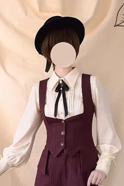 Red [Griffin’s Pact] Bust Support Striped Printed Gothic Ouji Lolita Shorts Vest Set