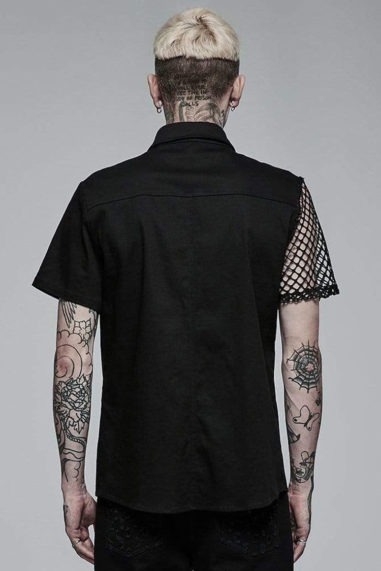 Black Punk Elastic Cotton Twill Fabric Spliced Diamond Mesh Asymmetrical Personality Short Sleeve Men's Shirt