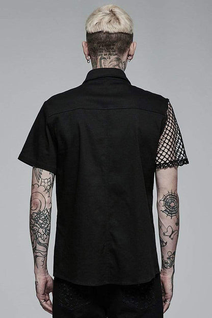 Black Punk Elastic Cotton Twill Fabric Spliced Diamond Mesh Asymmetrical Personality Short Sleeve Men's Shirt
