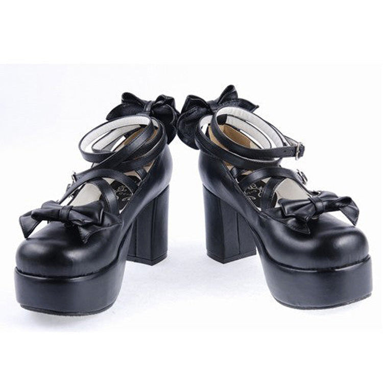 Black Synthetic Leather Cross Straps Bow Lolita Shoes