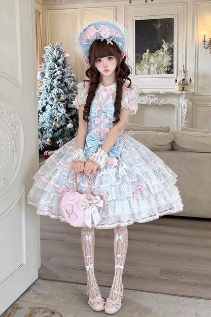 Blue [Moon-Tide Butterfly’s Call] Sleeveless Multi-Layered Ruffle Bowknot Lace Sweet Lolita Jsk Dress