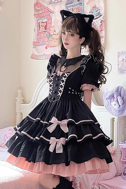 Black/Pink Short Sleeves Multi-layer Ruffle Bowknot Sweet Lolita Dress