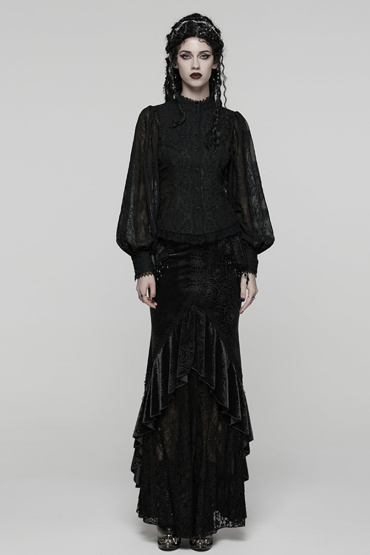 Black Stand Collar Long Puff Sleeves Floral Embroidered Women's Gothic Blouse