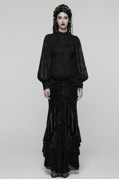 Black Stand Collar Long Puff Sleeves Floral Embroidered Women's Gothic Blouse