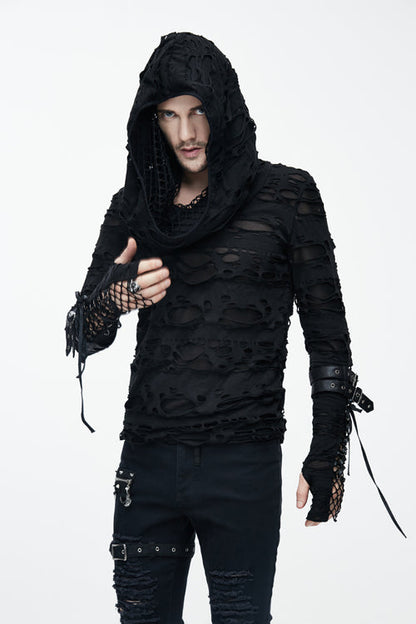Black Ripped Finger Covered Autumn Hooded Mens Punk T-Shirt