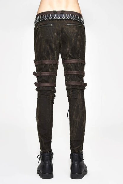 Brown Steampunk Multi Loops Embroider Lace Up Mens Pants