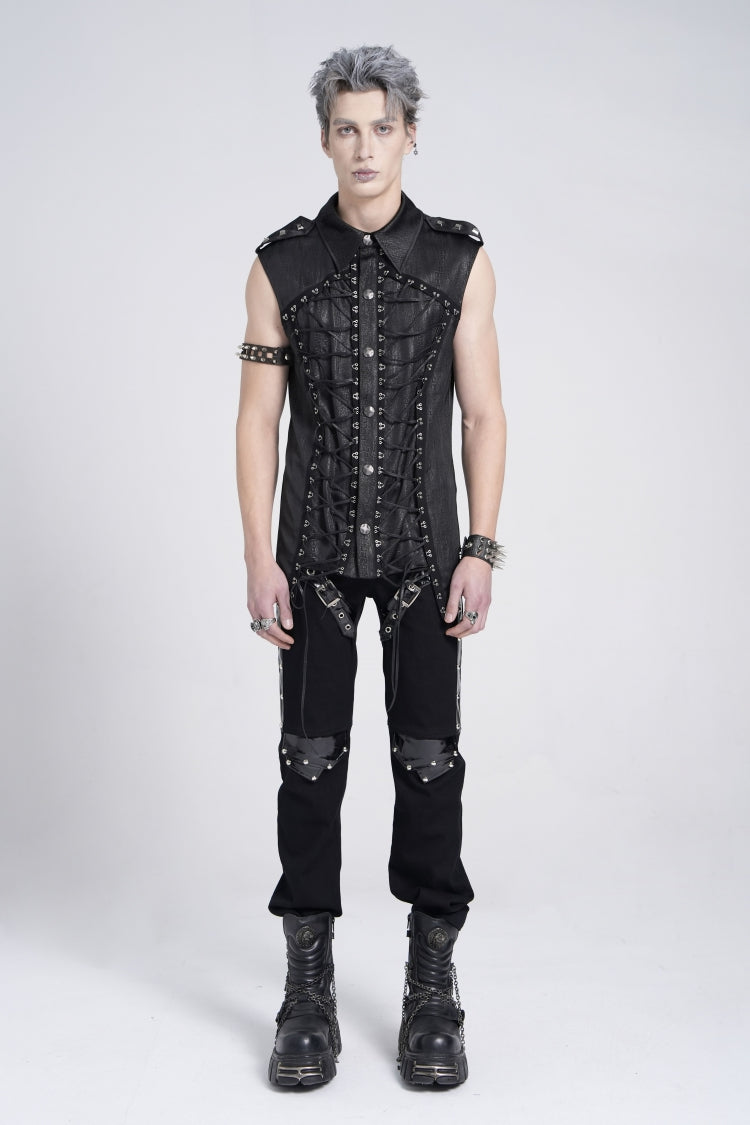 Black Sleeveless Studded Lace-Up Men's Gothic Blouse