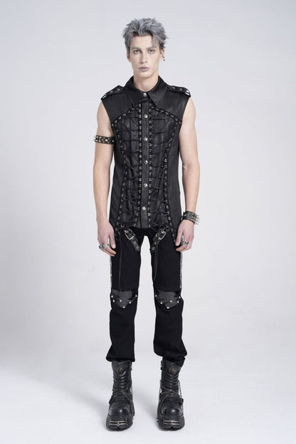 Black Sleeveless Studded Lace-Up Men's Gothic Blouse