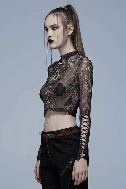 Black/White Gothic Personality Skull Print Pattern Elasticity Mesh Tight Sexy Perspective Tie Cord At Cuff Women's Shirt