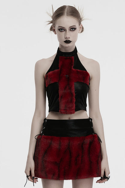 Black/Red Halterneck Sleeveless Cross Faux Fur Stitching Women's Punk Vest