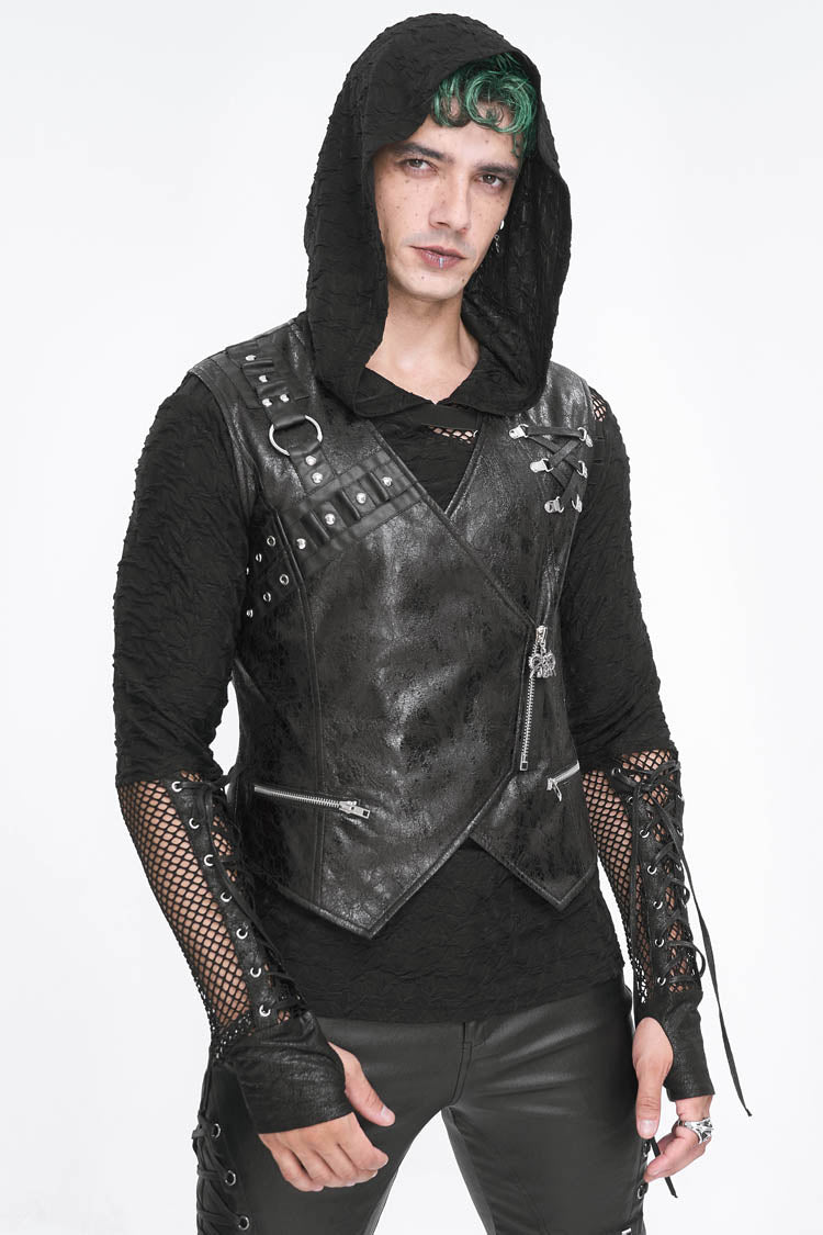 Black Zipper Faux Leather Men's Punk Waistcoat