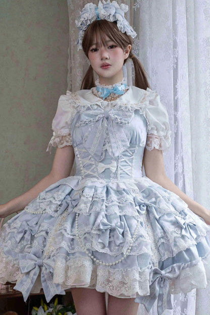 Blue [Small Cakes] Sleeveless Multi-Layered Ruffle Bowknot Lace Sweet Lolita Jsk Dress