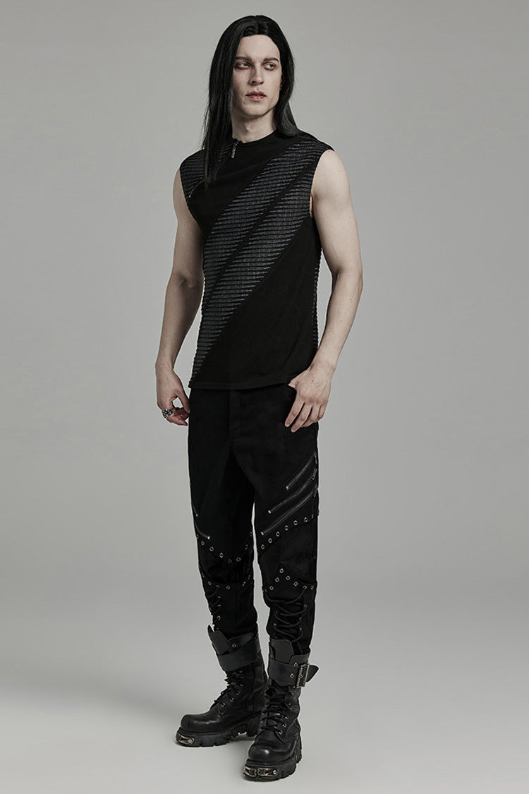 Black Sleeveless Print Asymmetric Zipper Men's Punk Tank Top