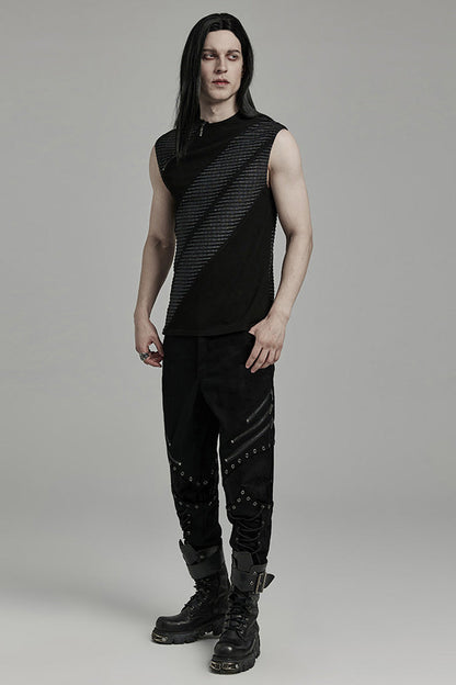 Black Sleeveless Print Asymmetric Zipper Men's Punk Tank Top