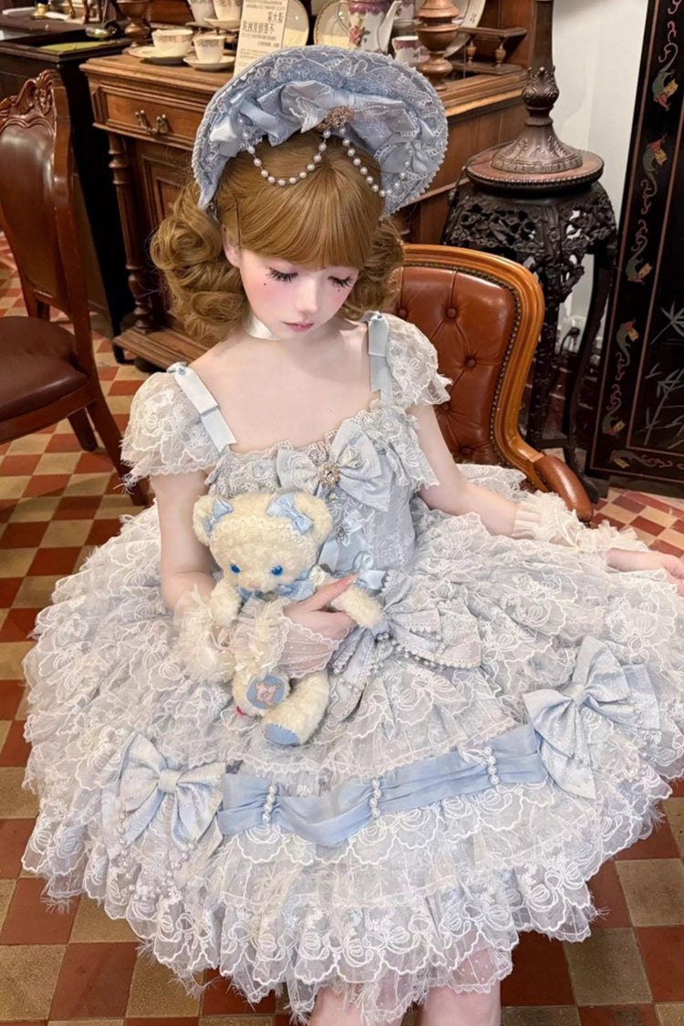 Blue [Cloudborne Snowfeather] Sleeveless Multi-Layered Hanayome Bowknot Pearl Gothic Lolita Jsk Dress
