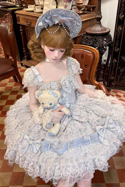 Blue [Cloudborne Snowfeather] Sleeveless Multi-Layered Hanayome Bowknot Pearl Gothic Lolita Jsk Dress