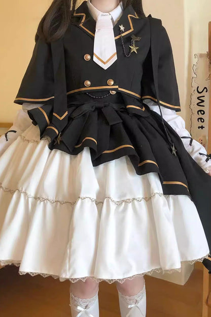 Black/White [Commander] Long Sleeves Ruffle Bowknot Irregular Sweet Lolita Dress Coat Cloak Set