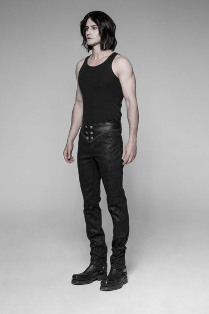 Black Waist Head Stereoscopic Pattern Leather Metal Buckle Lace-Up Men's Gothic Trousers