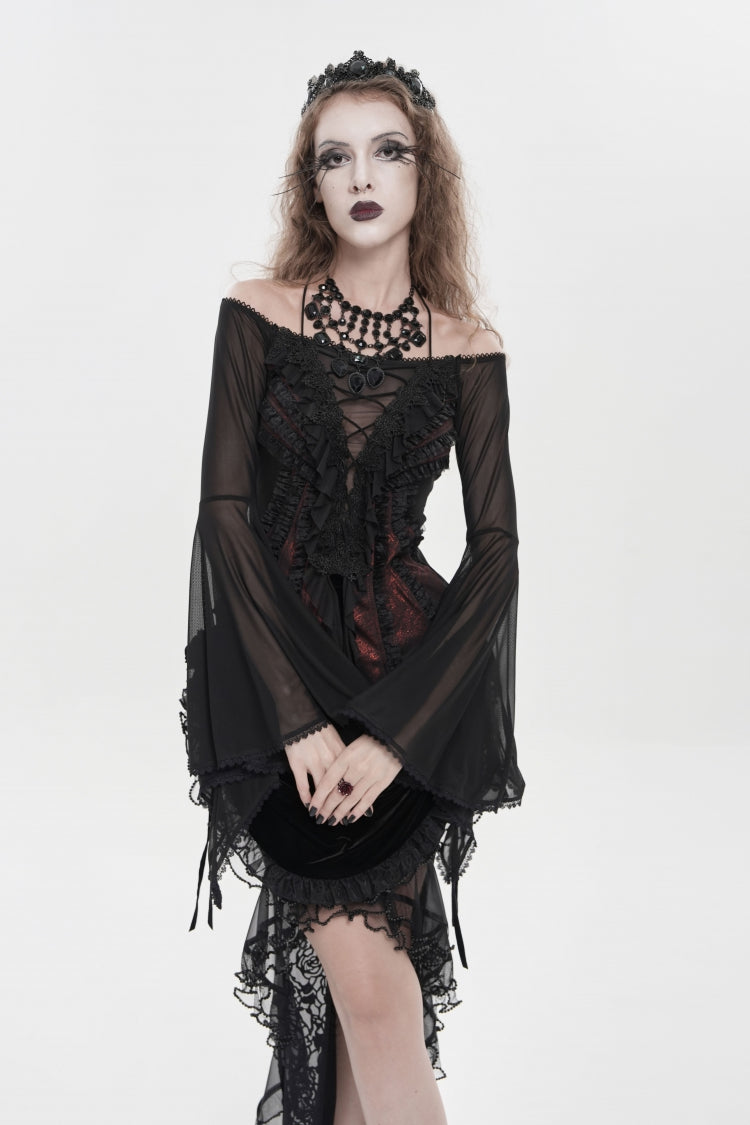 Black/Red Off Shoulder Long Trumpet Sleeves Ruffled Embroidered Lace-Up Women's Gothic Blouse