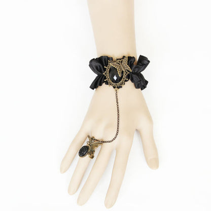 Black Retro Fashion Silk Cloth Gemstone Butterfly Design Female Gothic Lolita Ring Bracelet