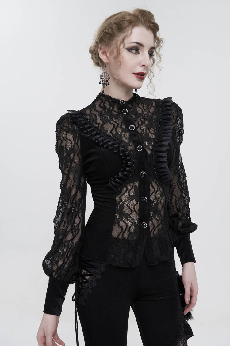 Black Velvet High Neck Lace Fake Bra Design Splicing Three-Dimensional Butterfly Mesh Women's Gothic Shirt