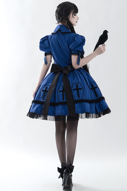 Blue Halloween Cross Short Puff Sleeves Two Pieces Gothic Lolita Dress