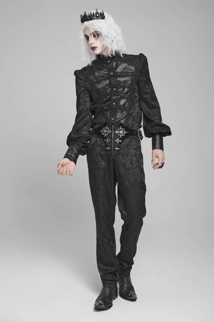 Black Stand Collar Long Lantern Sleeves Floral Print Embroidery Men's Gothic Blouse