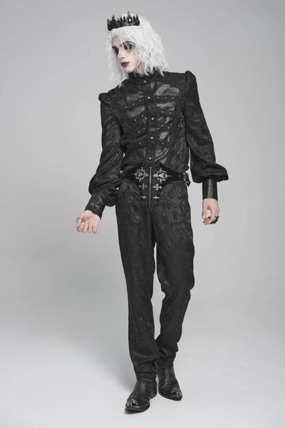 Black Stand Collar Long Lantern Sleeves Floral Print Embroidery Men's Gothic Blouse