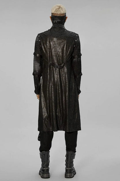 Black Stand Collar Metal Detachable Hollow Long Sleeves Mens Steampunk Coat