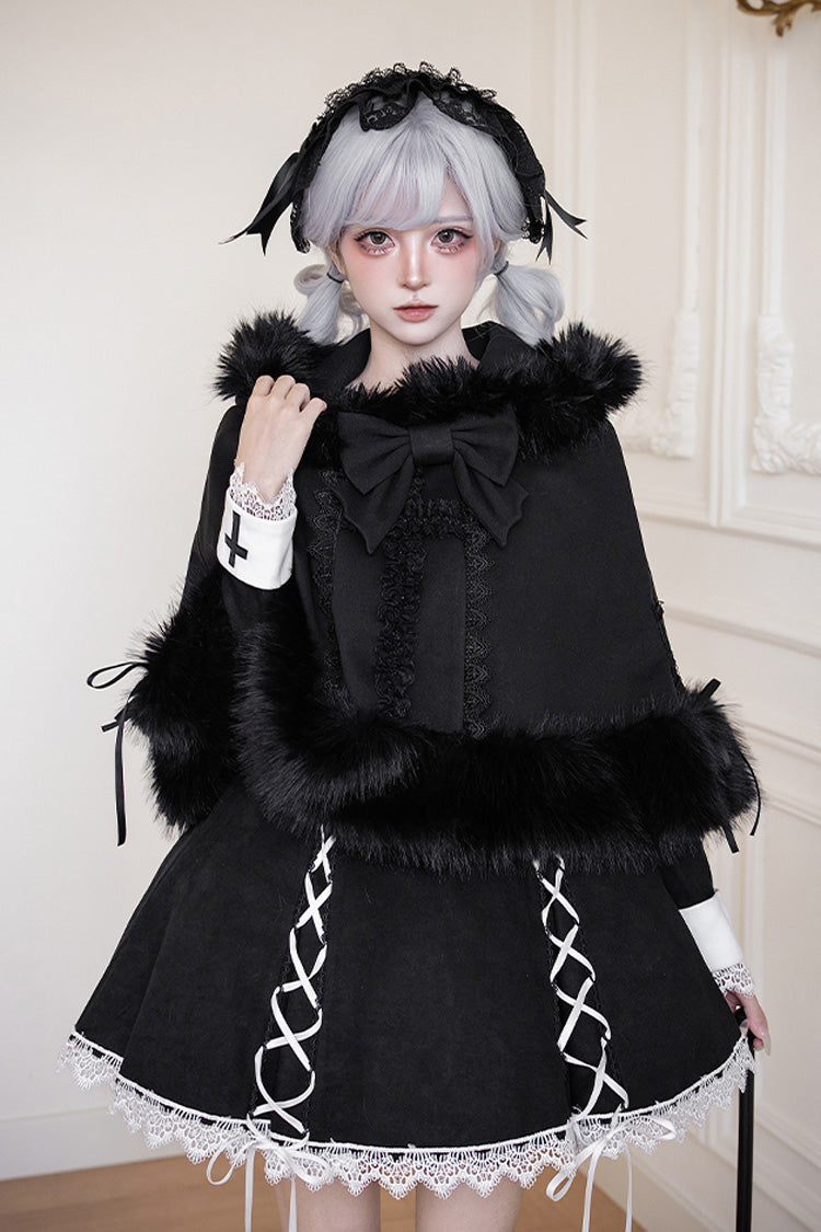 Black/White [Rose Doll] Square Collar Long Sleeves Bowknot Lace-Up Gothic Lolita Dress Set 2 Versions
