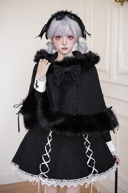 Black/White [Rose Doll] Square Collar Long Sleeves Bowknot Lace-Up Gothic Lolita Dress Set 2 Versions