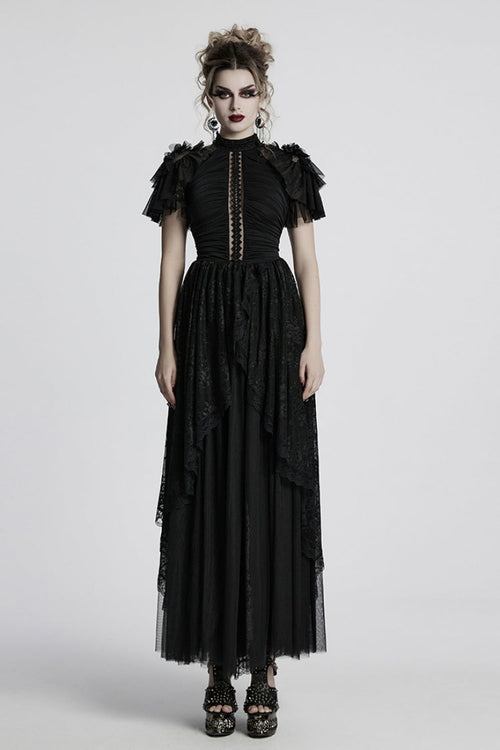 Black Short Sleeves Ruffle Stitching Lace Women's Gothic Layered Ball Gown Dress