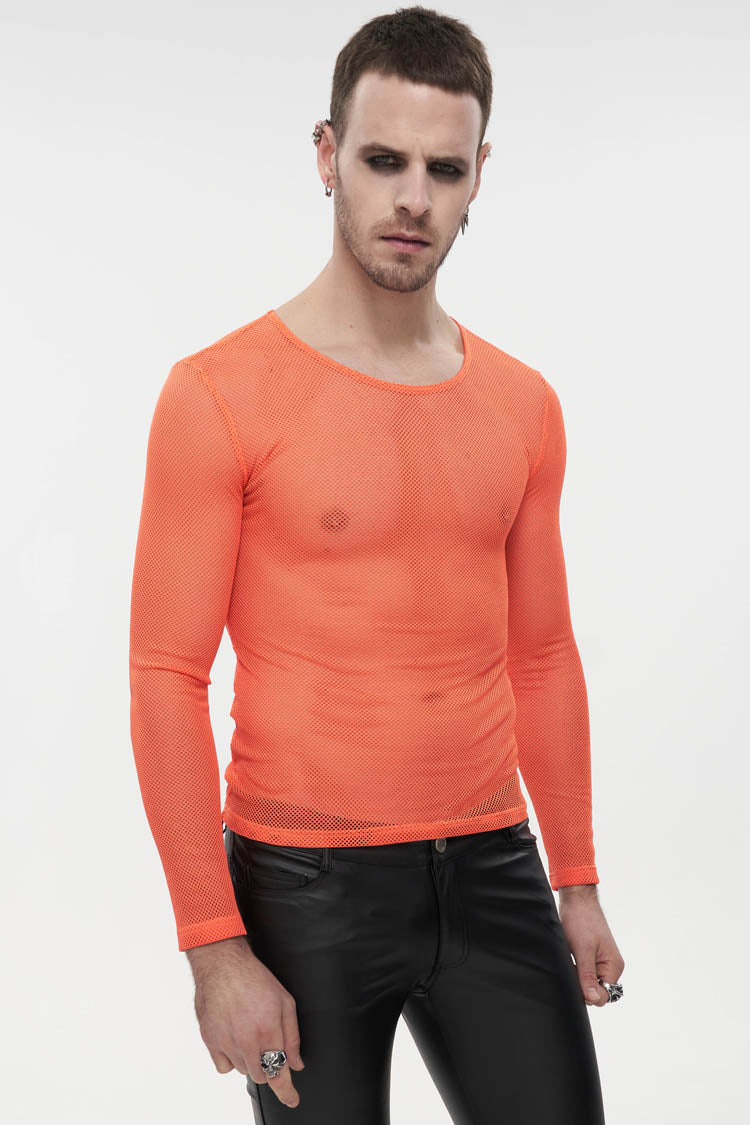 Orange Elasticity High Neck Long Sleeve Mesh Men's Gothic T-Shirt