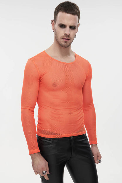 Orange Elasticity High Neck Long Sleeve Mesh Men's Gothic T-Shirt