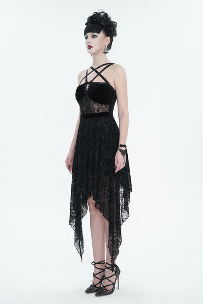 Black Stretch Pentagram Flock Print Sexy Sheer Women's Gothic Dress